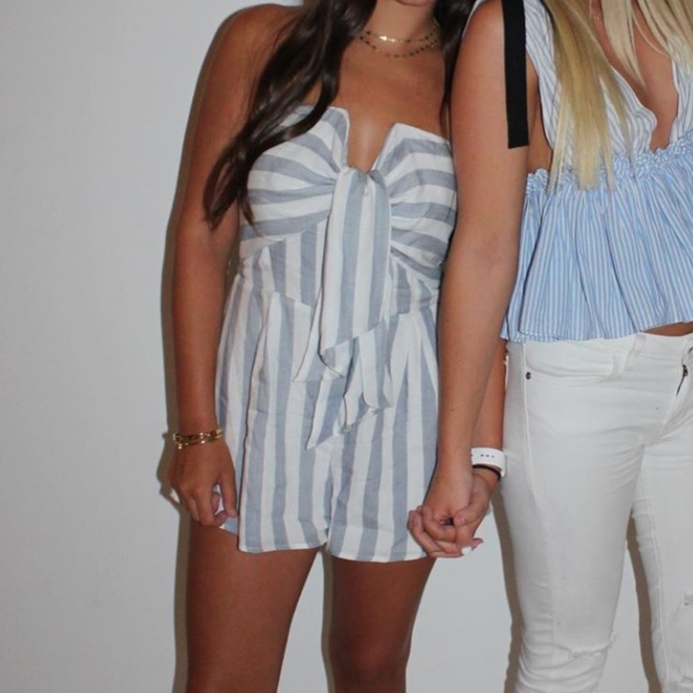 Denim blue and white strip shorts romper
